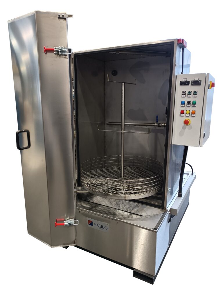 MAGIDO FLS Series front load aqueous parts washer with open door, rotating turntable, and control panel