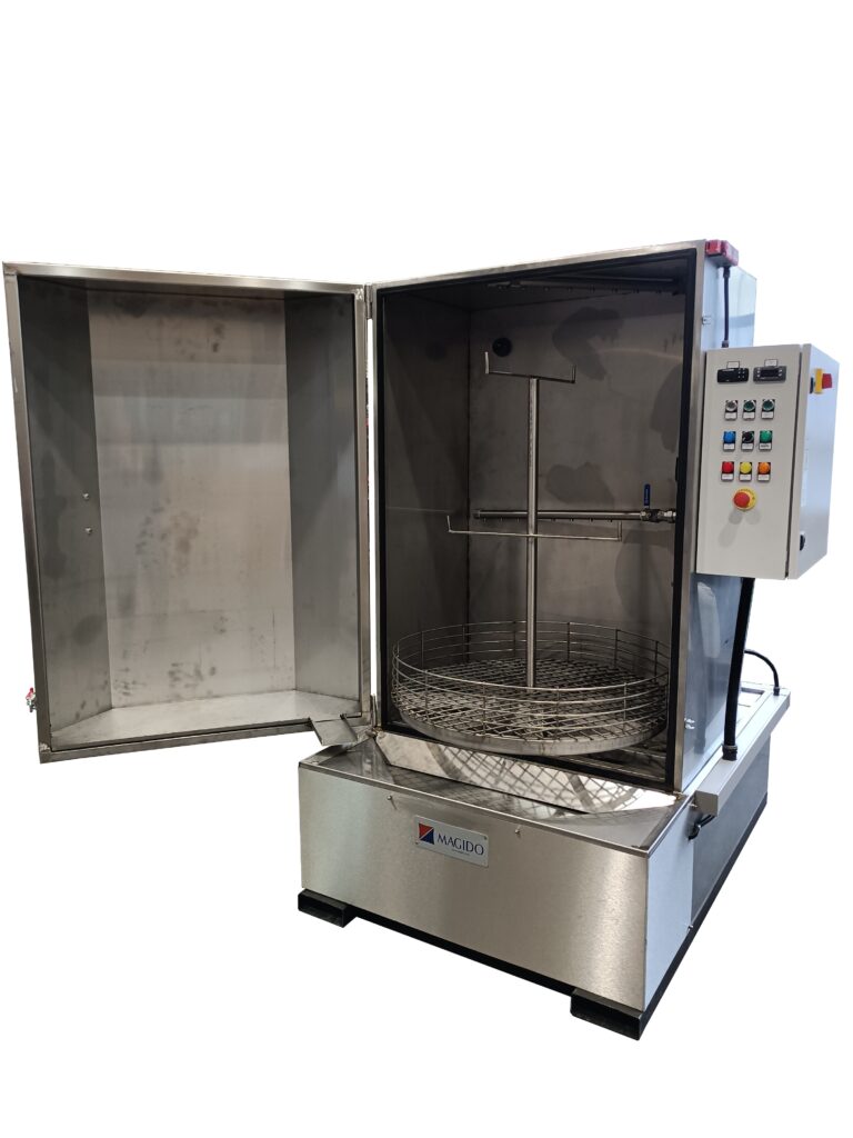MAGIDO FLS Series front load aqueous parts washer with open door and rotating turntable