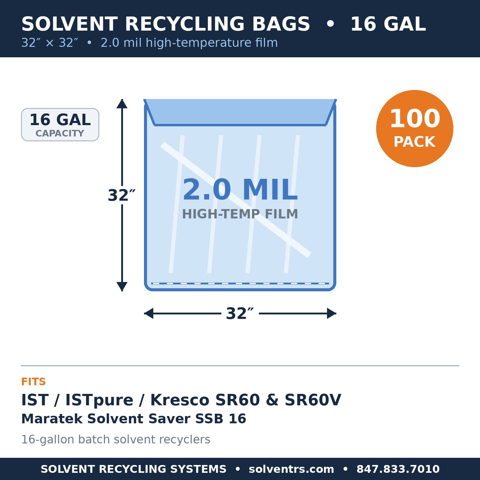 Spec card: 16-gallon solvent recycling bag, 32 x 32 inches, 2.0 mil, fits SR60 SR60V and Maratek SSB 16, 100 pack