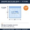 Spec card: 17.5-gallon solvent recycling bag, 30 x 32 inches, 2.0 mil, fits mid-size recyclers, 100 pack