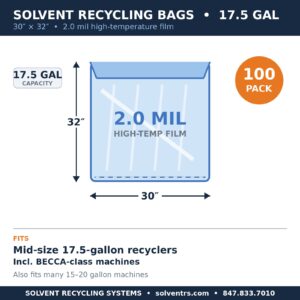 Spec card: 17.5-gallon solvent recycling bag, 30 x 32 inches, 2.0 mil, fits mid-size recyclers, 100 pack