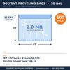 Spec card: 32-gallon solvent recycling bag, 45 x 33 inches, 2.0 mil, fits SR120 and Maratek SSB 32, 100 pack