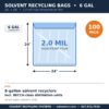Spec card: 6-gallon solvent recycling bag, 24 x 24 inches, 2.0 mil high-temp film, fits 6-gallon recyclers including BECCA-class units, 100 pack
