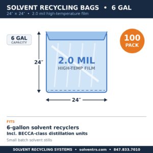 Spec card: 6-gallon solvent recycling bag, 24 x 24 inches, 2.0 mil high-temp film, fits 6-gallon recyclers including BECCA-class units, 100 pack