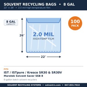 Spec card: 8-gallon solvent recycling bag, 22 x 26 inches, 2.0 mil, fits SR30 SR30V and Maratek SSB 8, 100 pack