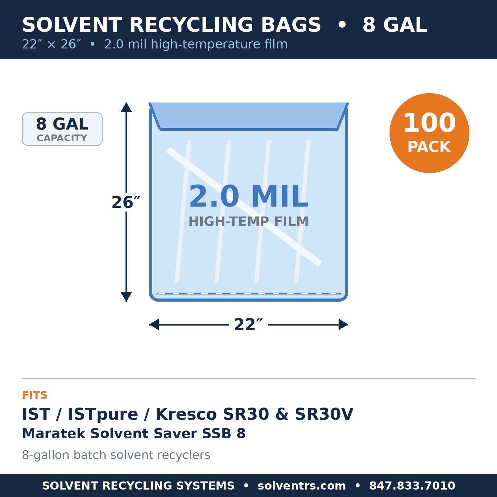 Spec card: 8-gallon solvent recycling bag, 22 x 26 inches, 2.0 mil, fits SR30 SR30V and Maratek SSB 8, 100 pack