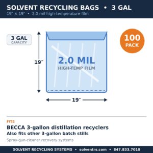Spec card: BECCA 3-gallon solvent recycling bag, 19 x 19 inches, 2.0 mil high-temp film, 100 pack
