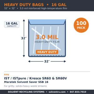 Spec card: heavy duty 16-gallon solvent recycling bag, 32 x 32 inches, 3.0 mil reinforced film, 100 pack