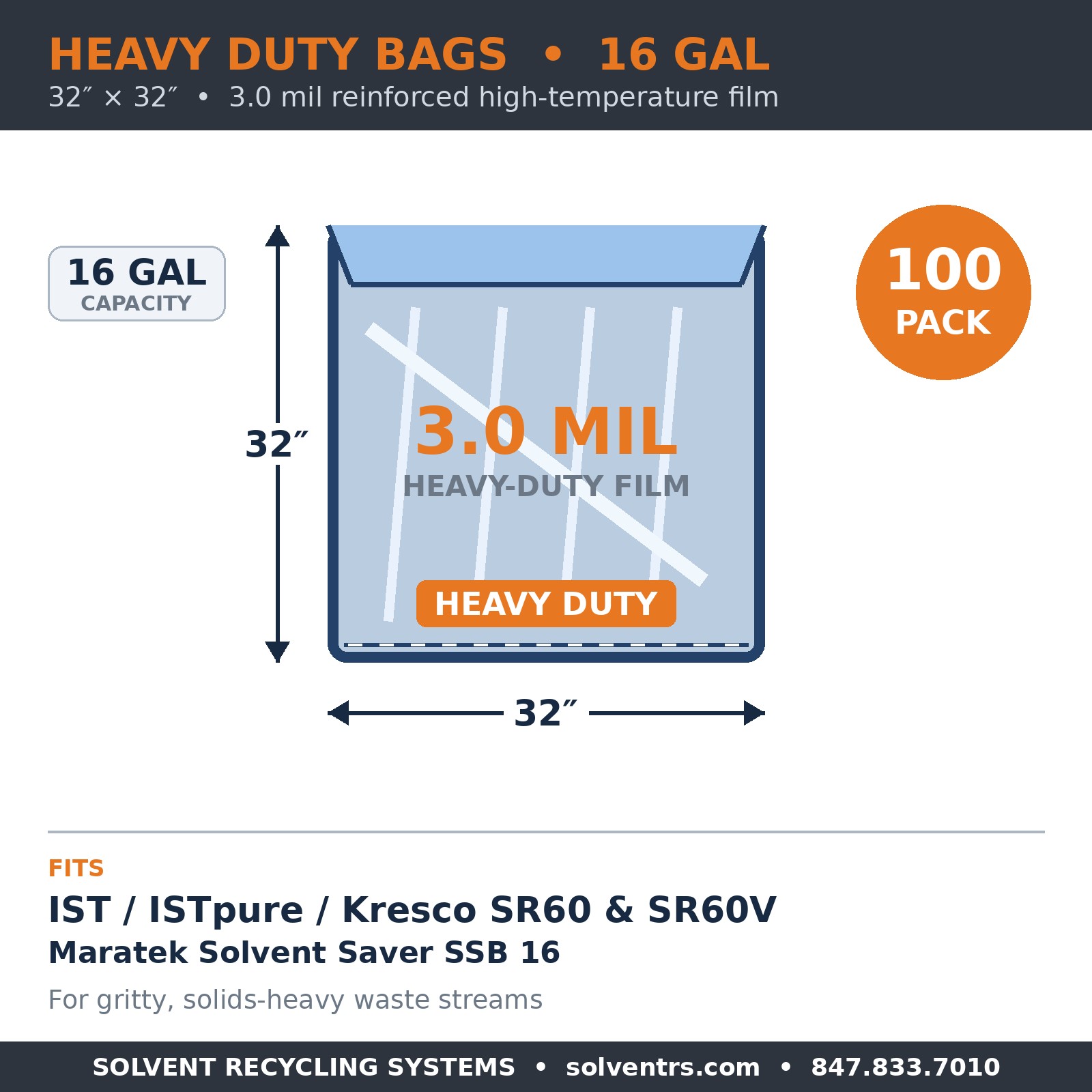 Spec card: heavy duty 16-gallon solvent recycling bag, 32 x 32 inches, 3.0 mil reinforced film, 100 pack