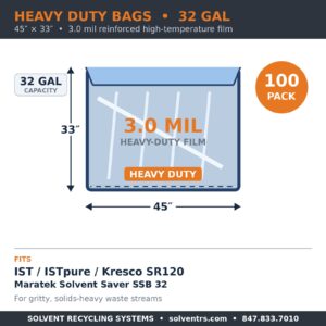Spec card: heavy duty 32-gallon solvent recycling bag, 45 x 33 inches, 3.0 mil reinforced film, 100 pack