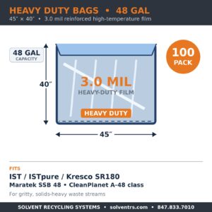 Spec card: heavy duty 48-gallon solvent recycling bag, 45 x 40 inches, 3.0 mil reinforced film, fits SR180 Maratek SSB 48 CleanPlanet A-48 class, 100 pack