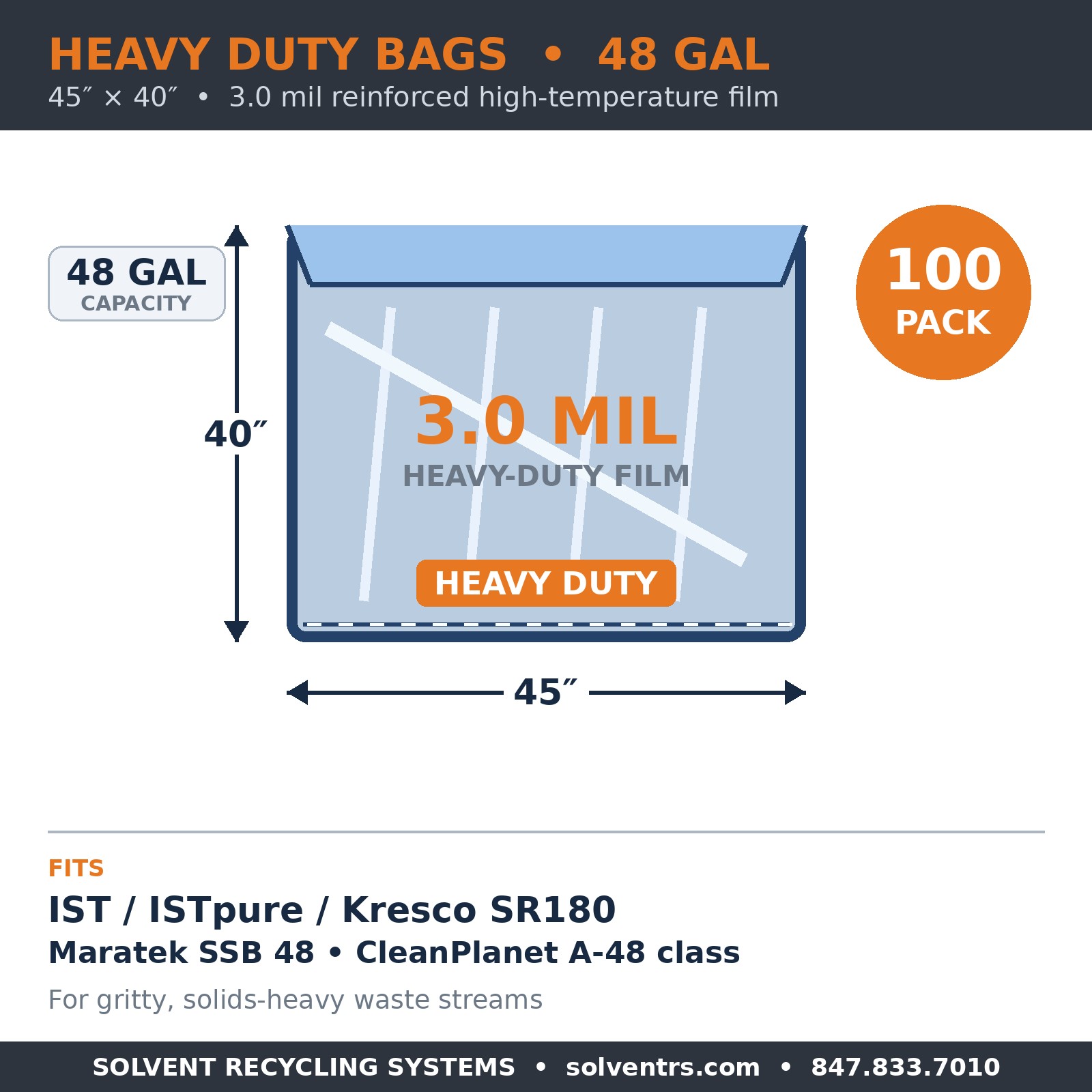 Spec card: heavy duty 48-gallon solvent recycling bag, 45 x 40 inches, 3.0 mil reinforced film, fits SR180 Maratek SSB 48 CleanPlanet A-48 class, 100 pack