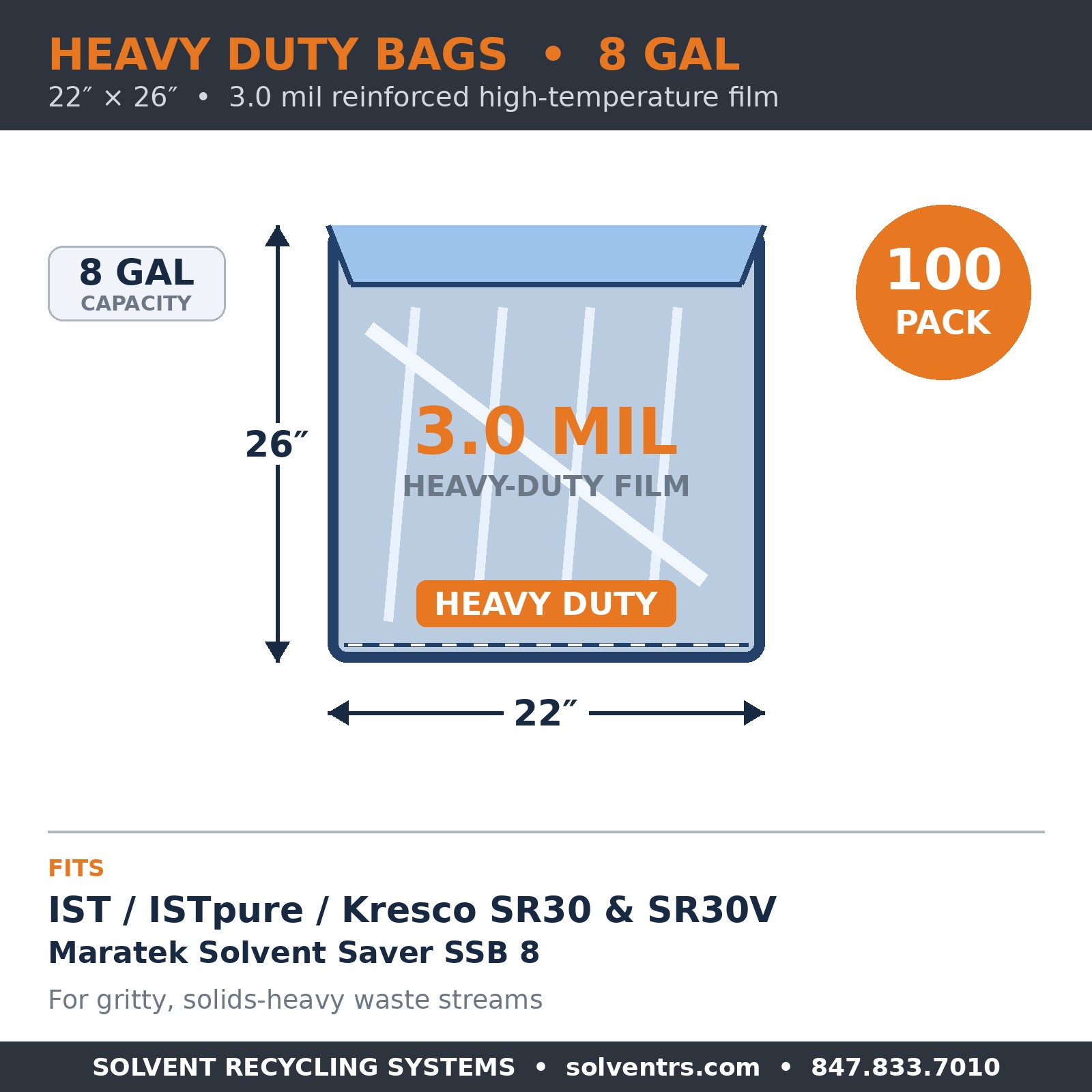 Spec card: heavy duty 8-gallon solvent recycling bag, 22 x 26 inches, 3.0 mil reinforced film, 100 pack