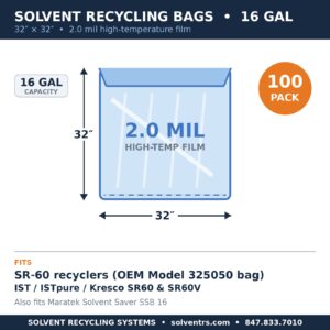 Spec card: SR-60 Model 325050 solvent recycling bag, 32 x 32 inches, 2.0 mil, 100 pack