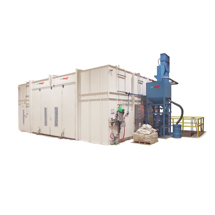 Kresco abrasive blast room with screw conveyor media recovery and bucket elevator
