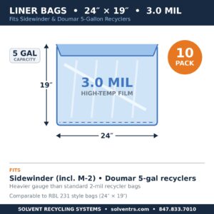 Spec diagram: 24 by 19 inch 3.0 mil heavy-duty liner bag for Sidewinder and Doumar 5-gallon solvent recyclers, 10-pack, RBL 231 footprint
