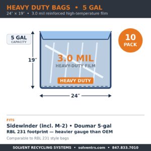 Spec card: heavy duty 3.0 mil liner bag for Sidewinder and Doumar 5-gallon recyclers, 24 x 19 inches, RBL 231 footprint, 10 pack