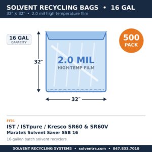 Spec card: 16-gallon solvent recycling bag, 32 x 32 inches, 2.0 mil, fits IST ISTpure Kresco SR60 SR60V and Maratek Solvent Saver SSB 16, 500 pack