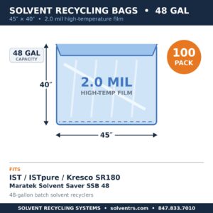 Spec card: 48-gallon solvent recycling bag, 45 x 40 inches, 2.0 mil, fits IST ISTpure Kresco SR180 and Maratek Solvent Saver SSB 48, 100 pack