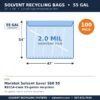 Spec card: 55-gallon solvent recycling bag, 47 x 54 inches, 2.0 mil, fits Maratek Solvent Saver SSB 55 and BECCA-class 55-gallon recyclers, 100 pack