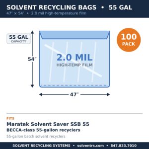 Spec card: 55-gallon solvent recycling bag, 47 x 54 inches, 2.0 mil, fits Maratek Solvent Saver SSB 55 and BECCA-class 55-gallon recyclers, 100 pack