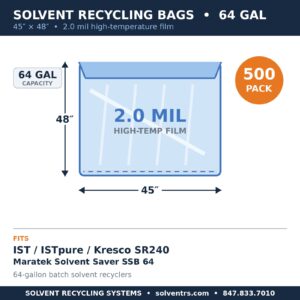 Spec card: 64-gallon solvent recycling bag, 45 x 48 inches, 2.0 mil, fits IST ISTpure Kresco SR240 and Maratek Solvent Saver SSB 64, 500 pack