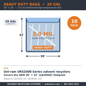 Spec card: heavy duty 3.0 mil liner bag for Uni-ram URS2000 Series, 30 x 32 inches, covers LB2000E footprint, 10 pack