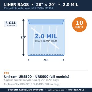 Spec diagram: 20 by 20 inch 2.0 mil high-temp liner bag for Uni-ram URS500 through URS900 solvent recyclers, 10-pack, replaces LB900C