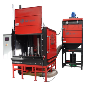 Enclosed Kresco indexing turntable sandblast cabinet with cyclonic reclaimer and cartridge dust collector