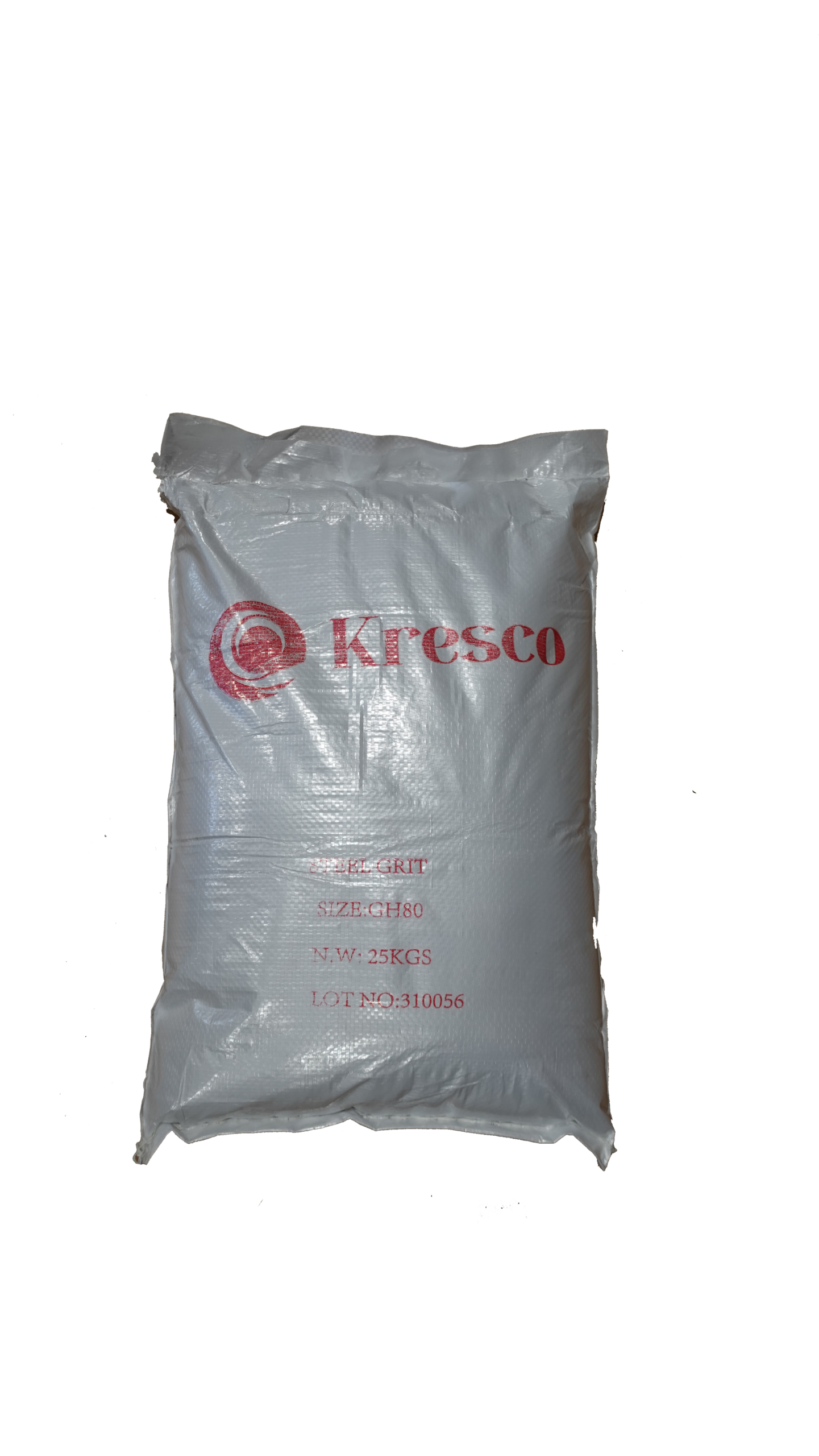White woven 25 kg bag of Kresco GH80 steel grit with lot number