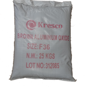 White woven 25 kg bag of Kresco brown aluminum oxide, size F36, with lot number