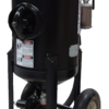 Three-quarter view of a wheeled Kresco SBP-350 blast pot with electric deadman remote control box and 1-1/4 in. blast hose