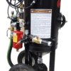 Right side view of a Kresco SBP-350 portable sandblaster showing the exhaust muffler, pop-up plunger door and wheels