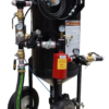 Back-right view of a Kresco SBP-350 portable blast pot showing warning labels, exhaust valve and muffler